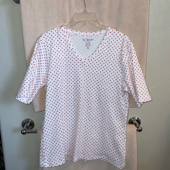 Chico's Tops - Chico’s Polka Dots V-Neck Tee White w Small Salmon Pink dots, size XL, Chico’s 3